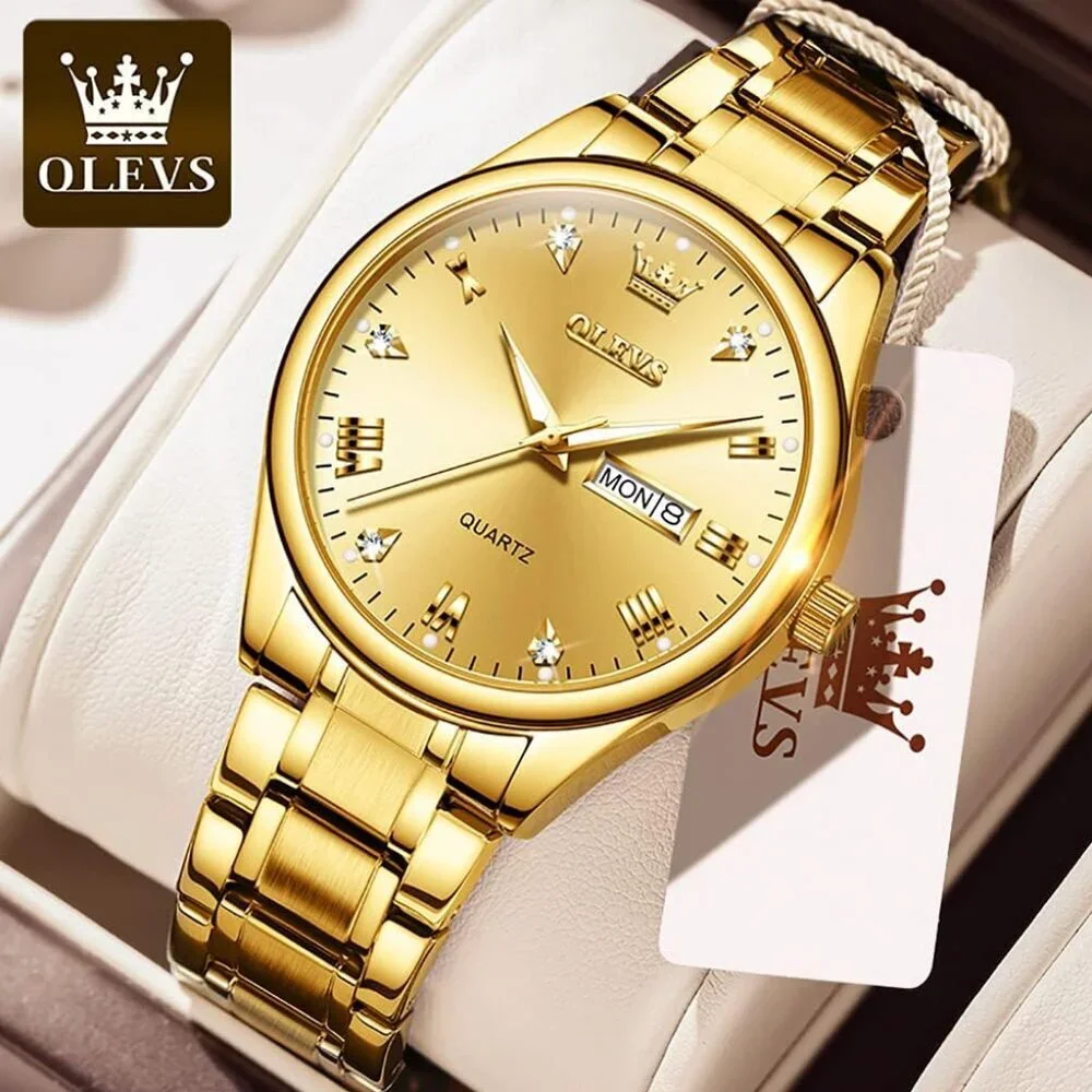 Olevs Men's Gold Steel Stainless Waterproof Stainless Luminous Stylish Watch